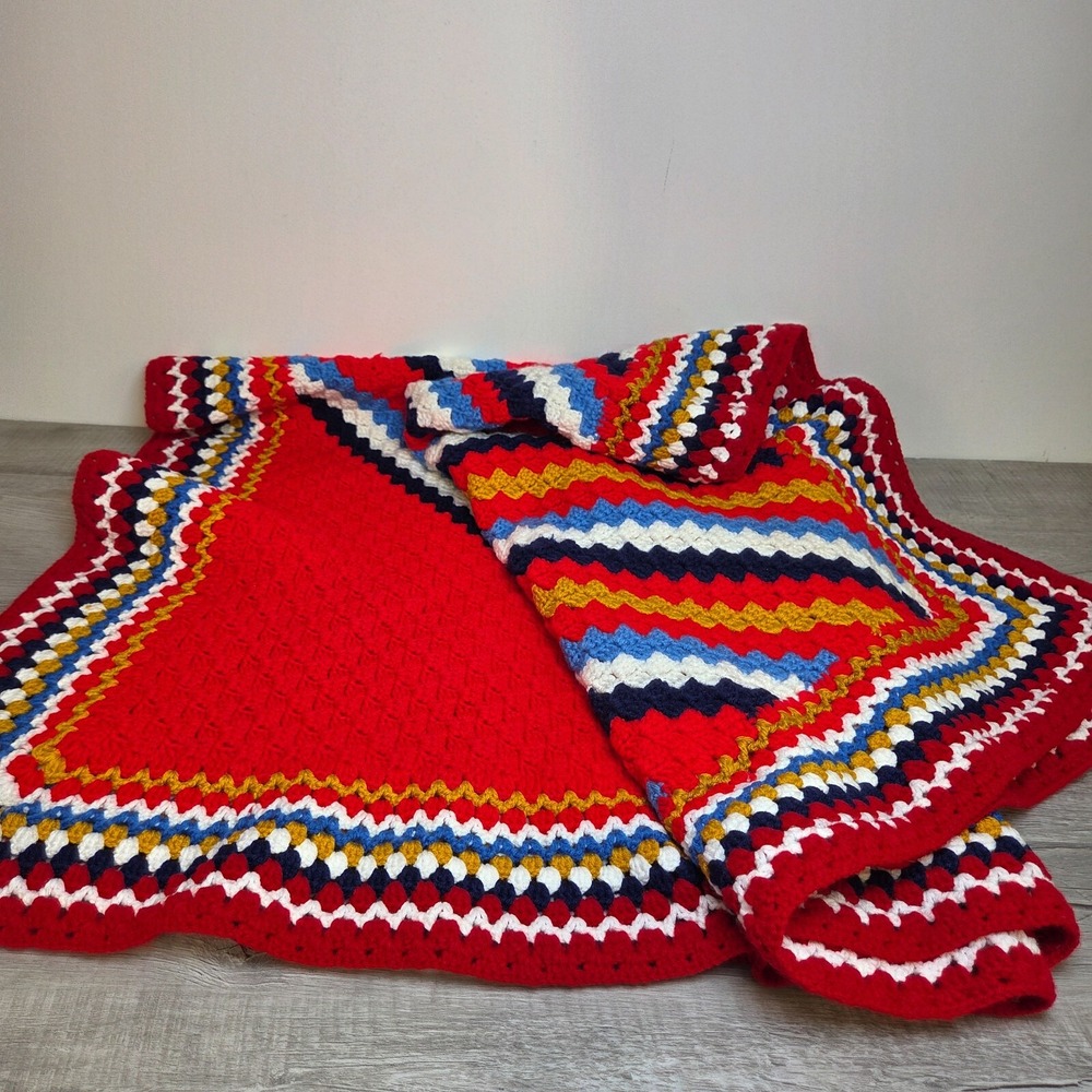 Handmade Crocheted Afghan Blanket 84" x 61" C2C Diagonal Stripe Vibrant Soft